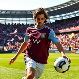 A portrait of a famous Brazilian footballer, Ricardo Kaká, in an Aston Villa kit, showcasing a dynamic action pose as he dribbles with the ball on a lush green football pitch