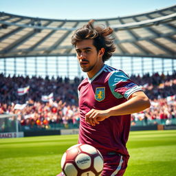 A portrait of a famous Brazilian footballer, Ricardo Kaká, in an Aston Villa kit, showcasing a dynamic action pose as he dribbles with the ball on a lush green football pitch