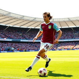 A portrait of a famous Brazilian footballer, Ricardo Kaká, in an Aston Villa kit, showcasing a dynamic action pose as he dribbles with the ball on a lush green football pitch