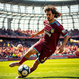 A portrait of a famous Brazilian footballer, Ricardo Kaká, in an Aston Villa kit, showcasing a dynamic action pose as he dribbles with the ball on a lush green football pitch
