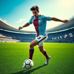 A striking portrait of famous Brazilian footballer, Ricardo Kaká, wearing the Aston Villa kit while performing an elegant dribbling move on a vibrant green football pitch
