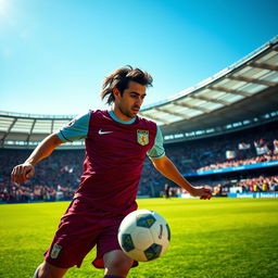 A striking portrait of famous Brazilian footballer, Ricardo Kaká, wearing the Aston Villa kit while performing an elegant dribbling move on a vibrant green football pitch