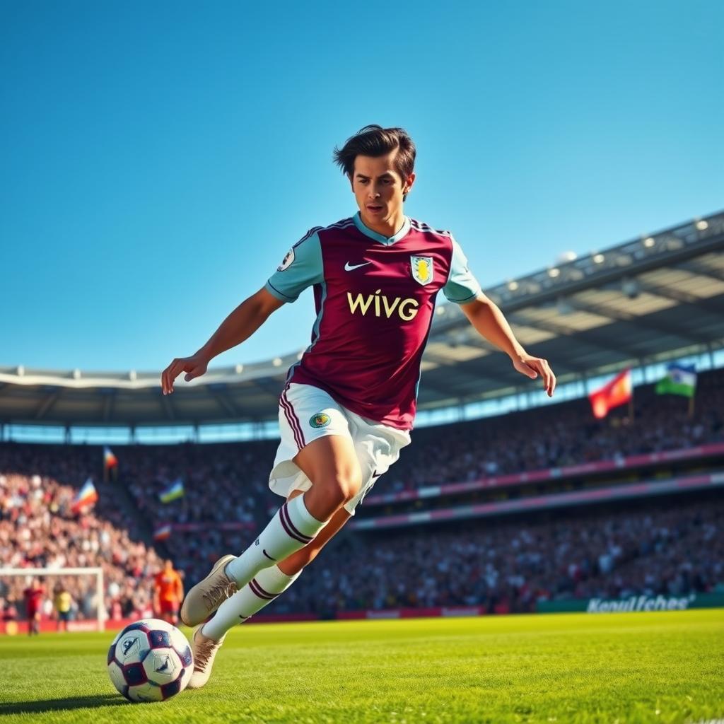 A striking portrait of famous Brazilian footballer, Ricardo Kaká, wearing the Aston Villa kit while performing an elegant dribbling move on a vibrant green football pitch