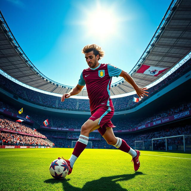 A striking portrait of famous Brazilian footballer, Ricardo Kaká, wearing the Aston Villa kit while performing an elegant dribbling move on a vibrant green football pitch