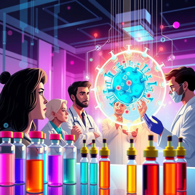 A conceptual illustration of innovative medicine being used against COVID-19, featuring a bright, futuristic laboratory setting with colorful vials and syringes, representing various vaccines