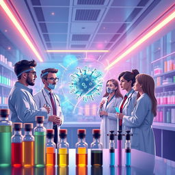 A conceptual illustration of innovative medicine being used against COVID-19, featuring a bright, futuristic laboratory setting with colorful vials and syringes, representing various vaccines