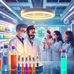 A conceptual illustration of innovative medicine being used against COVID-19, featuring a bright, futuristic laboratory setting with colorful vials and syringes, representing various vaccines