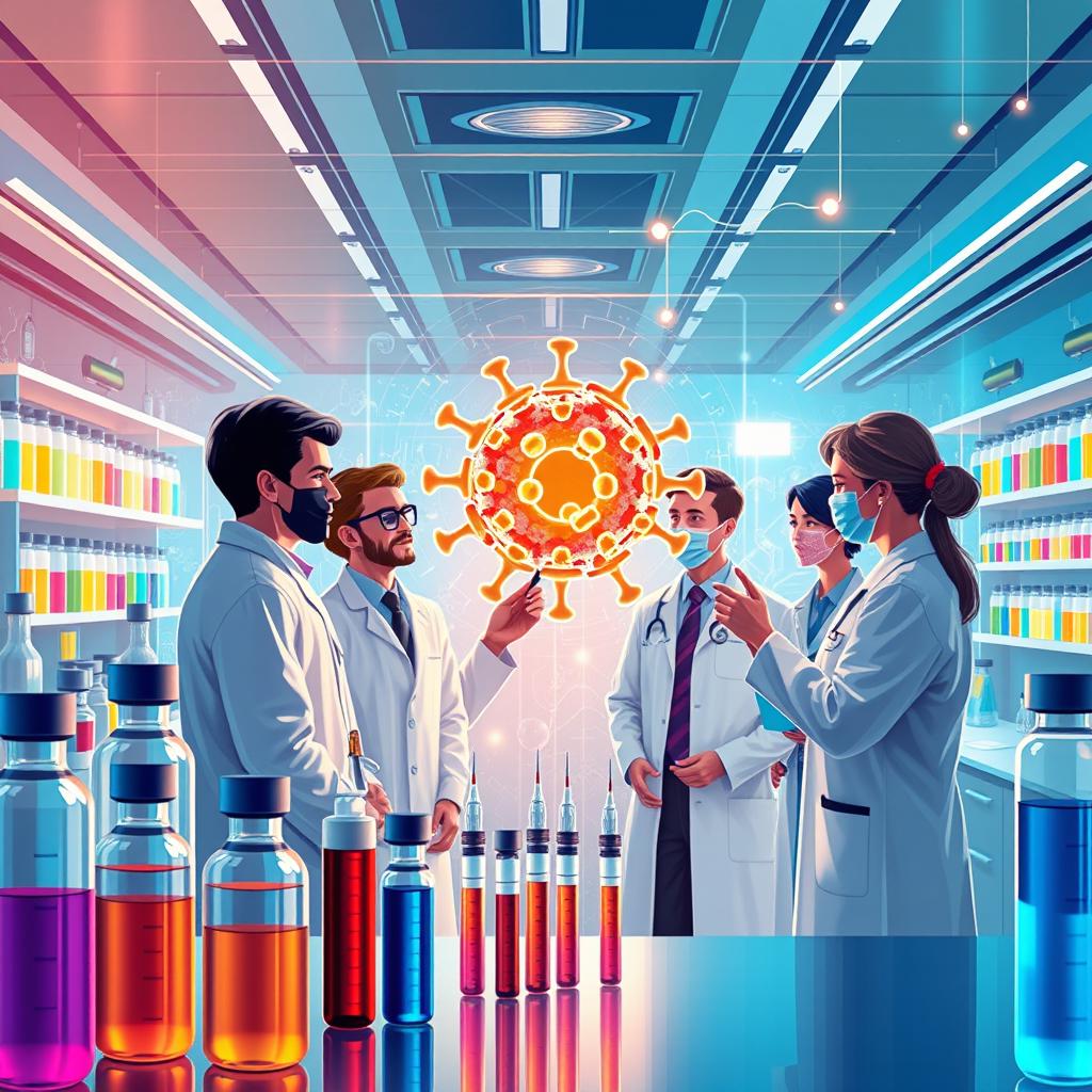 A conceptual illustration of innovative medicine being used against COVID-19, featuring a bright, futuristic laboratory setting with colorful vials and syringes, representing various vaccines