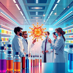 A conceptual illustration of innovative medicine being used against COVID-19, featuring a bright, futuristic laboratory setting with colorful vials and syringes, representing various vaccines