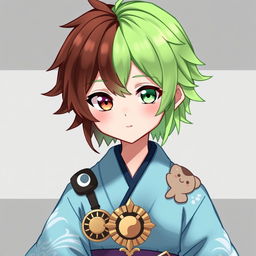 A character inspired by Genshin Impact, featuring a boy with half green and half brown hair, the left side being bright green and the right side rich brown