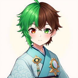 A character inspired by Genshin Impact, featuring a boy with half green and half brown hair, the left side being bright green and the right side rich brown