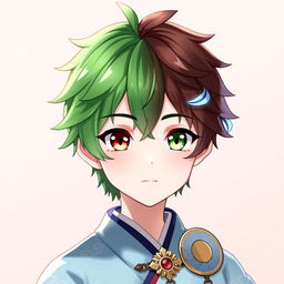 A character inspired by Genshin Impact, featuring a boy with half green and half brown hair, the left side being bright green and the right side rich brown