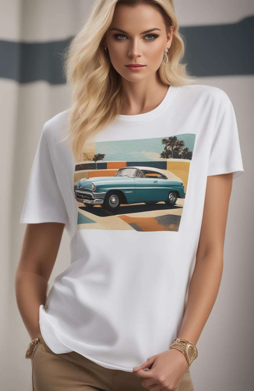 A 32k HD product editorial photo of a white graphic tee with a vibrant print of a vintage retro car