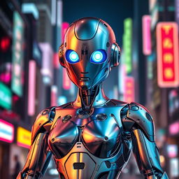 A proud and sexy AI robot, featuring sleek metallic skin with a shiny chrome finish