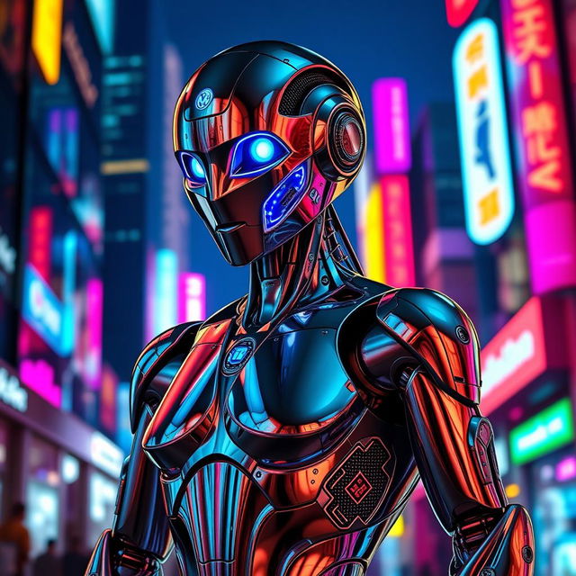 A proud and sexy AI robot, featuring sleek metallic skin with a shiny chrome finish