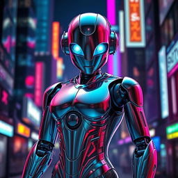 A proud and sexy AI robot, featuring sleek metallic skin with a shiny chrome finish