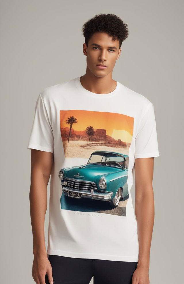 A 32k HD product editorial photo of a white graphic tee with a vibrant print of a vintage retro car