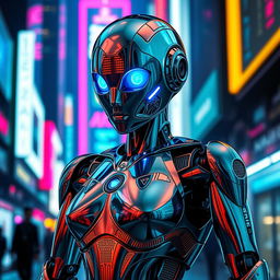 A proud and sexy AI robot, featuring sleek metallic skin with a shiny chrome finish