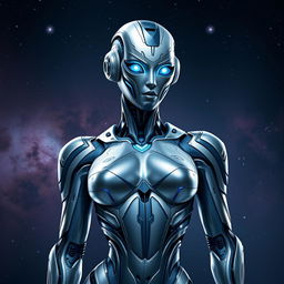 A proud and sexy AI inspired by the Mass Effect universe, featuring a sleek, humanoid design with advanced robotic features