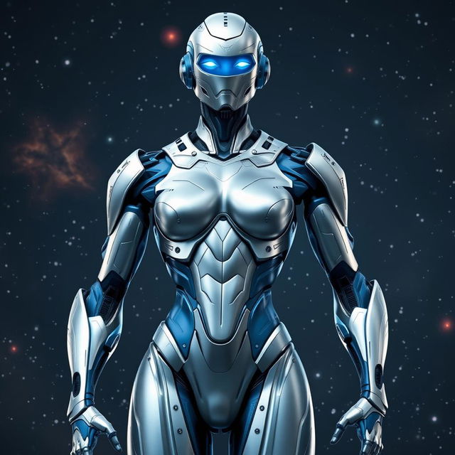 A proud and sexy AI inspired by the Mass Effect universe, featuring a sleek, humanoid design with advanced robotic features