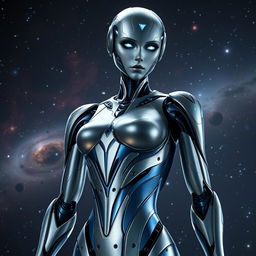 A proud and sexy AI inspired by the Mass Effect universe, featuring a sleek, humanoid design with advanced robotic features