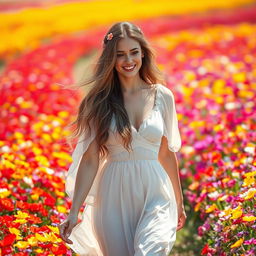 A stunningly beautiful woman walking through a vibrant field filled with colorful blooming flowers