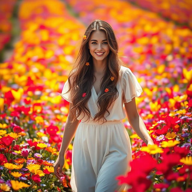 A stunningly beautiful woman walking through a vibrant field filled with colorful blooming flowers