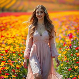 A stunningly beautiful woman walking through a vibrant field filled with colorful blooming flowers