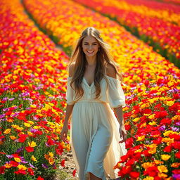 A stunningly beautiful woman walking through a vibrant field filled with colorful blooming flowers