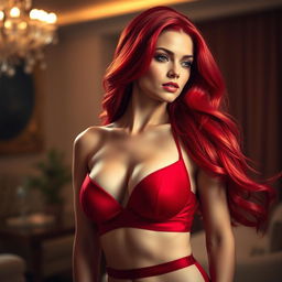 An elegant woman with vibrant, flowing red hair cascading down her shoulders