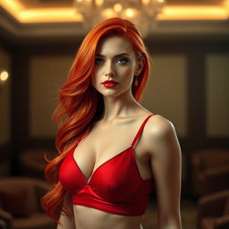 An elegant woman with vibrant, flowing red hair cascading down her shoulders