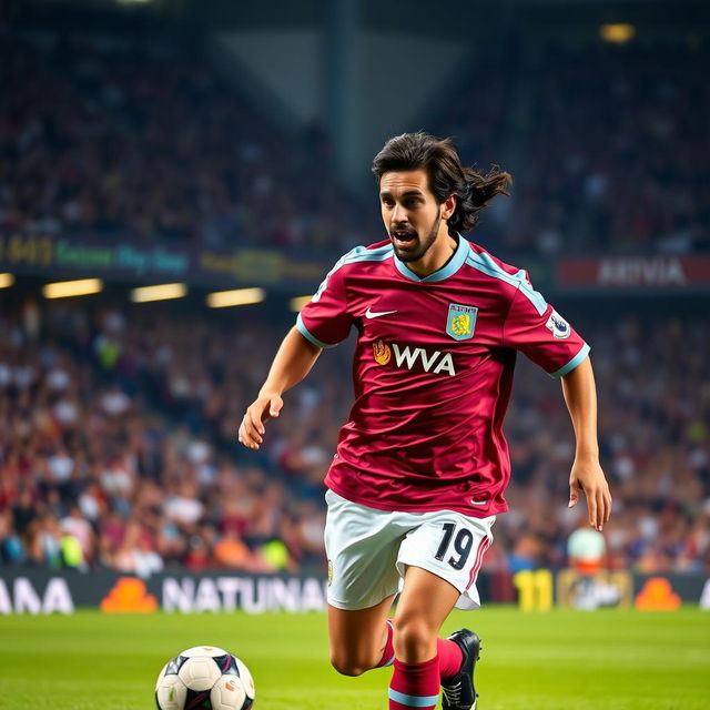 A dynamic action shot of Ricardo Kaká in an Aston Villa football kit, showcasing his signature dribbling skills on the pitch