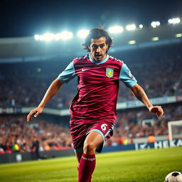 A dynamic action shot of Ricardo Kaká in an Aston Villa football kit, showcasing his signature dribbling skills on the pitch
