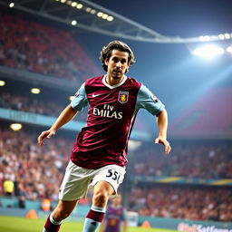 A dynamic action shot of Ricardo Kaká in an Aston Villa football kit, showcasing his signature dribbling skills on the pitch