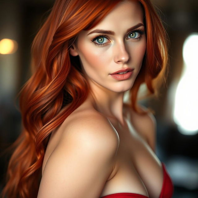 A stunning redhead woman with vibrant red hair cascading down her shoulders, wearing a stylish red bra that accentuates her figure