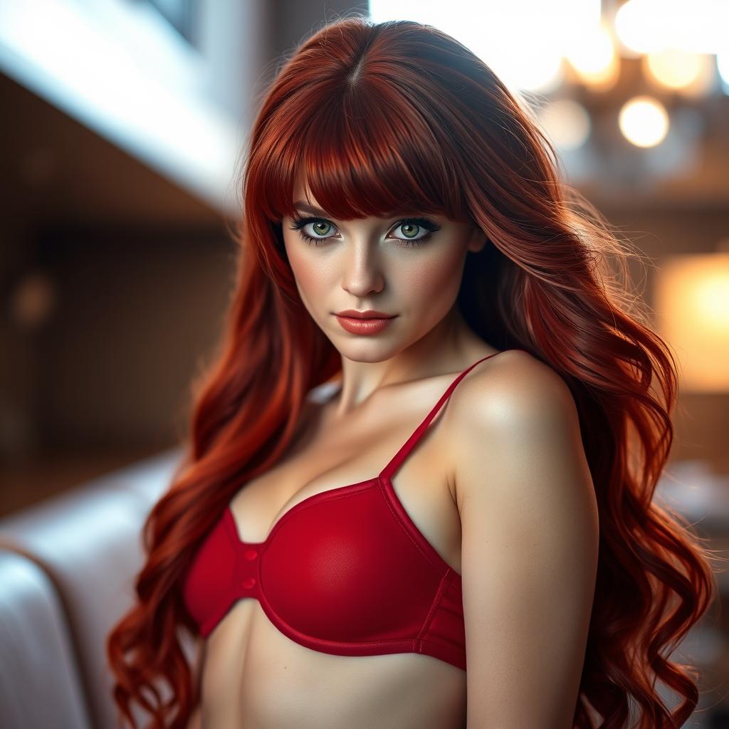 A stunning redhead woman with vibrant red hair cascading down her shoulders, wearing a stylish red bra that accentuates her figure