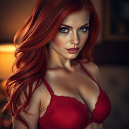A stunning redhead woman with vibrant red hair cascading down her shoulders, wearing a stylish red bra that accentuates her figure