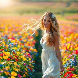 A breathtakingly beautiful woman walking gracefully through a vibrant field of colorful blooming flowers