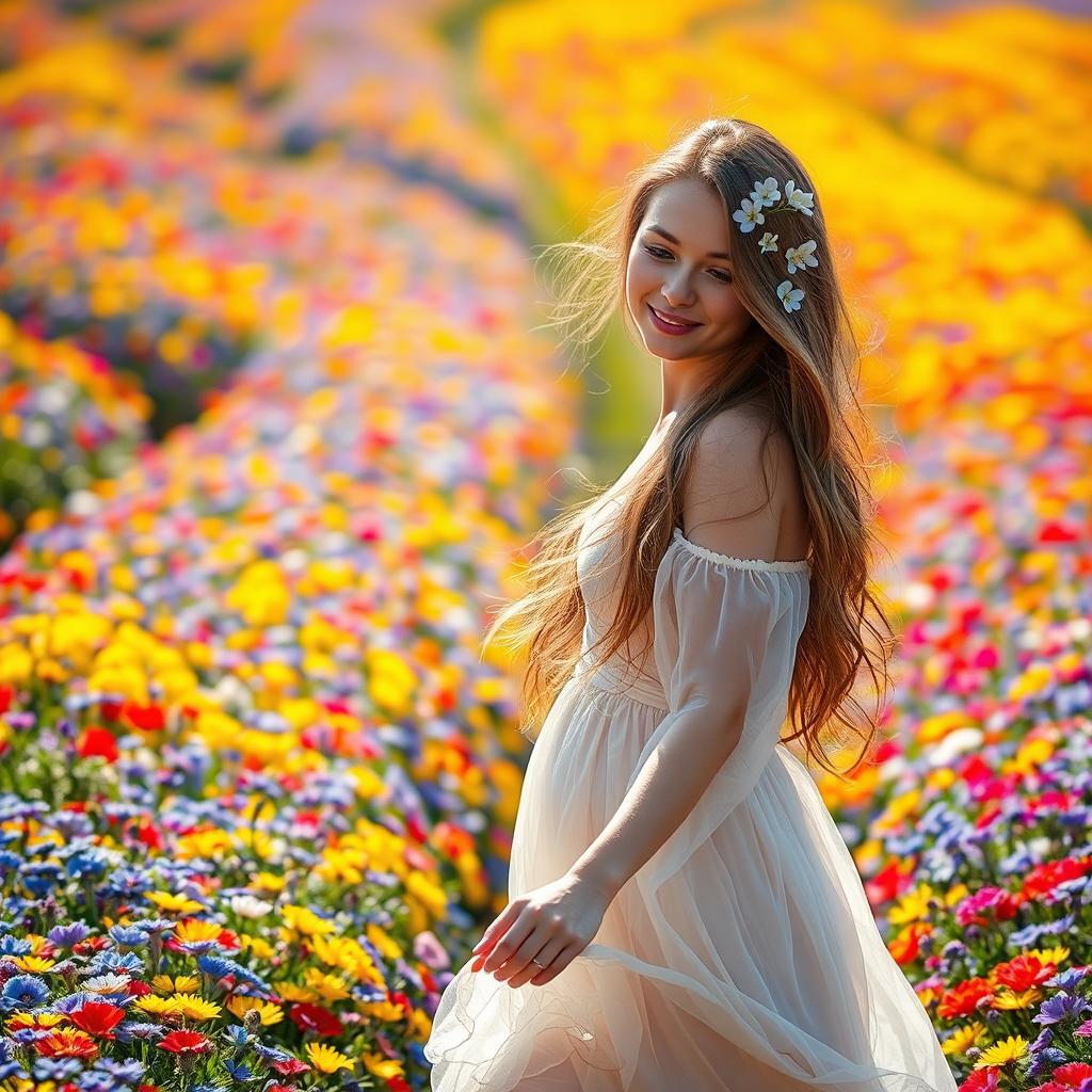 A breathtakingly beautiful woman walking gracefully through a vibrant field of colorful blooming flowers