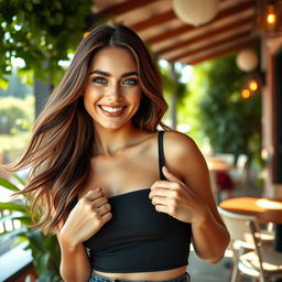 A young woman with flowing brunette hair playfully adjusting her fitted outfit, highlighting her curvy figure
