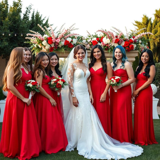 A beautiful outdoor wedding scene featuring a group of women aged between 18 and 45, showcasing a variety of hair colors including blonde, brunette, red, black, and vibrant shades like blue and purple