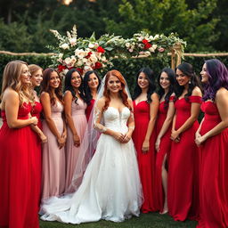 A beautiful outdoor wedding scene featuring a group of women aged between 18 and 45, showcasing a variety of hair colors including blonde, brunette, red, black, and vibrant shades like blue and purple