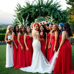 A beautiful outdoor wedding scene featuring a group of women aged between 18 and 45, showcasing a variety of hair colors including blonde, brunette, red, black, and vibrant shades like blue and purple