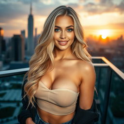 An attractive young woman with long, wavy blonde hair, confidently posing in a trendy outfit that highlights her curvaceous figure