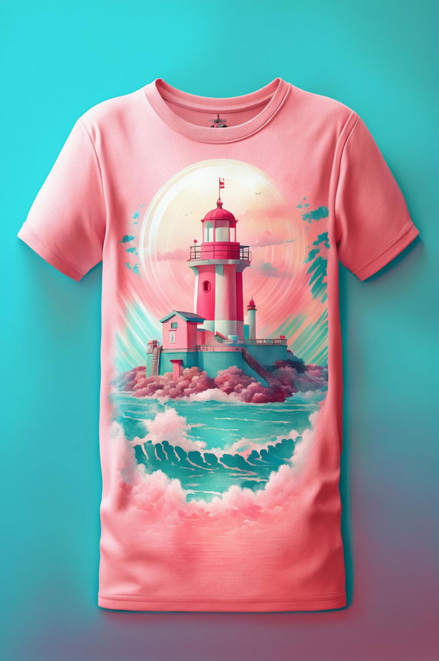 A high-quality digital art image featuring a vibrant pink graphic tee with a detailed seascape design