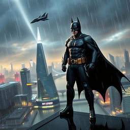 Batman stands heroically on a rain-soaked rooftop overlooking futuristic London in the year 2050, with towering skyscrapers and neon lights illuminating the skyline