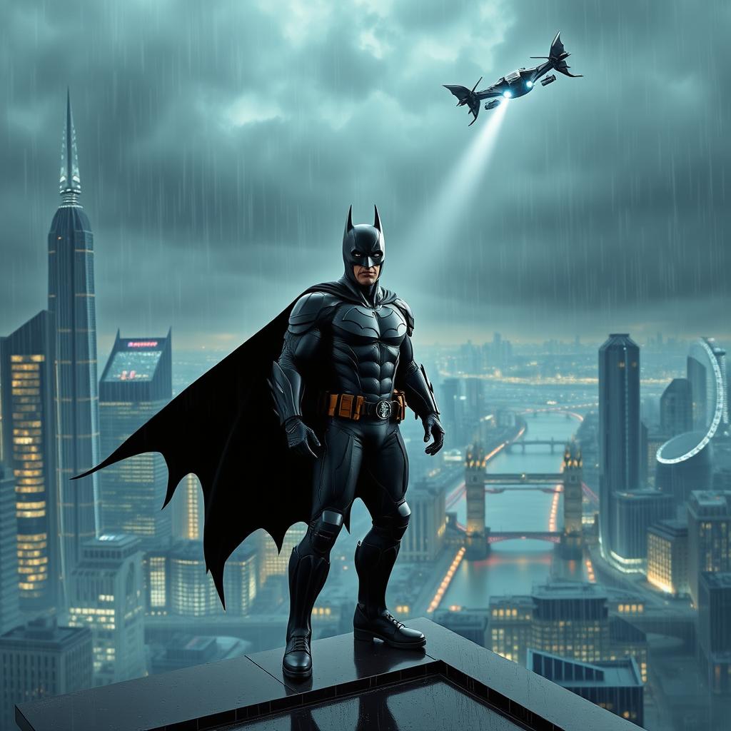 Batman stands heroically on a rain-soaked rooftop overlooking futuristic London in the year 2050, with towering skyscrapers and neon lights illuminating the skyline