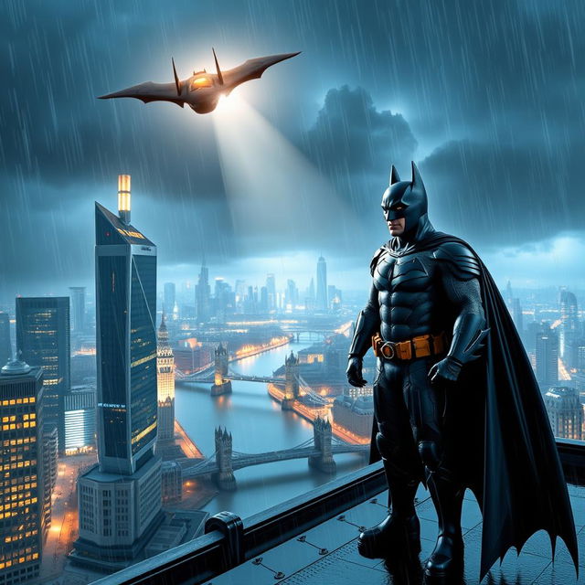 Batman stands heroically on a rain-soaked rooftop overlooking futuristic London in the year 2050, with towering skyscrapers and neon lights illuminating the skyline