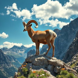 A majestic ram standing atop a rocky cliff, showcasing its impressive curved horns and muscular build