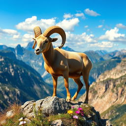 A majestic ram standing atop a rocky cliff, showcasing its impressive curved horns and muscular build